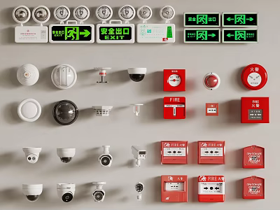 Security and Fire Safety Devices Including Smoke Detectors Cameras Emergency Exit Signs Manual Call Points 3d model