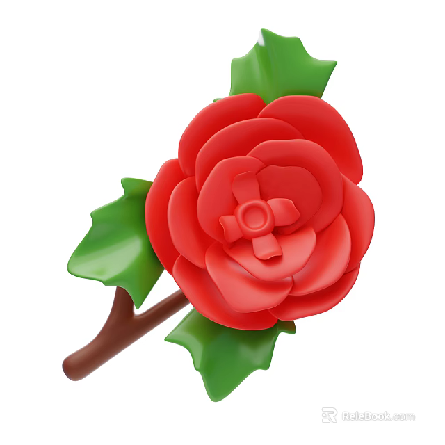 Vibrant Red Rose Flower With Fresh Green Leaves And Brown Stem 3d model 
