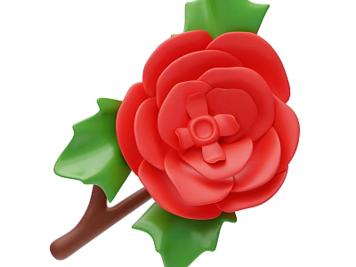 Vibrant Red Rose Flower With Fresh Green Leaves And Brown Stem 3d model