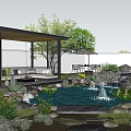 Tranquil Garden Water Fountain With Pavilion Stones Small Waterfall And Water Lilies