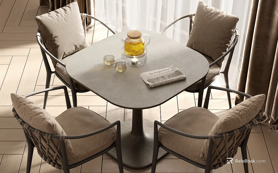 Table And Chair Set With Woven Cushioned Chairs Round Stone Tabletop Glass Jar Cups Placemat 3d model 