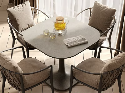 Table And Chair Set With Woven Cushioned Chairs Round Stone Tabletop Glass Jar Cups Placemat 3d model