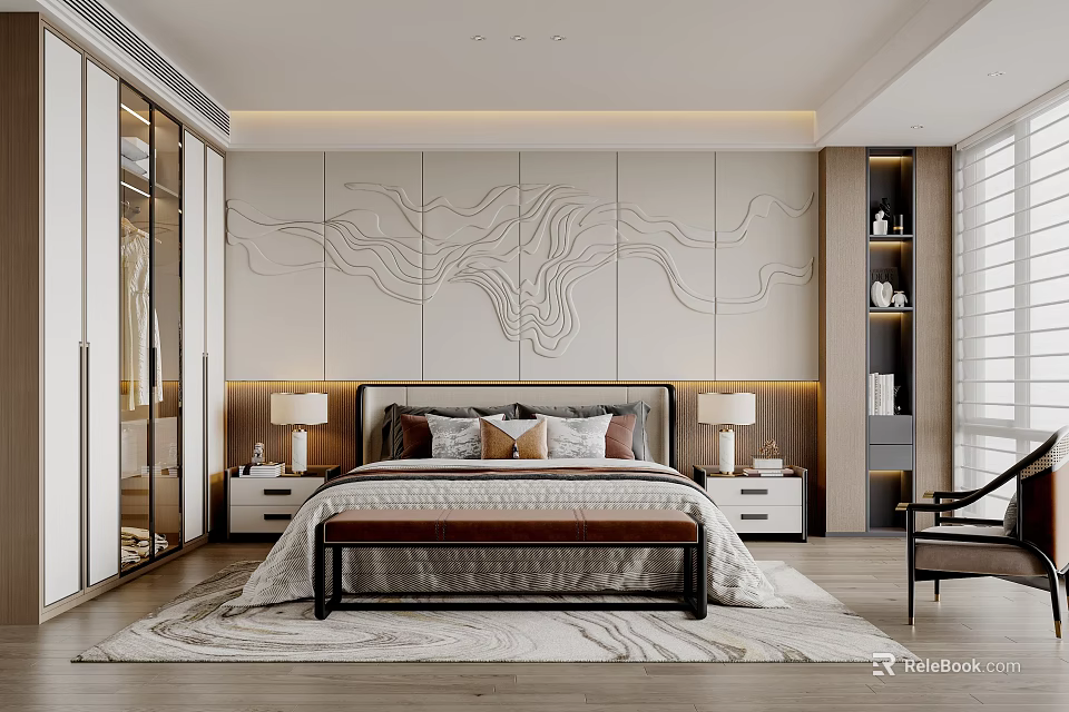 Modern Bedroom Interior With Wavy Line Wall Bedside Lamps And Large Bed 3d model