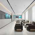Modern Workspace Interior With Desk Computer Monitor Stools Curtains And Wall Art