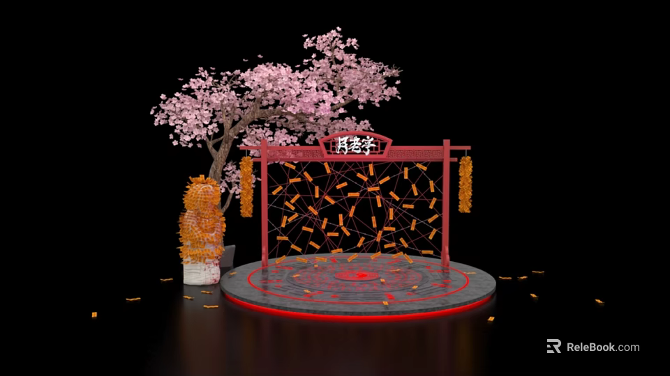 Photo Check In Spot With Pink Cherry Blossom Tree Red Archway And Firecracker Decorations 3d model 