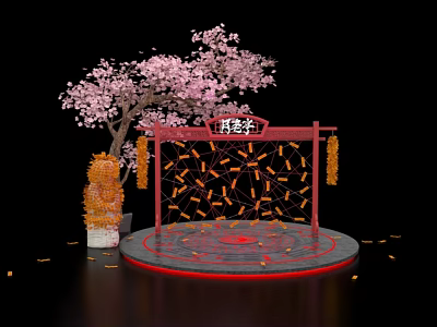 Photo Check In Spot With Pink Cherry Blossom Tree Red Archway And Firecracker Decorations 3d model