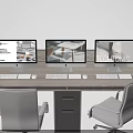 Multiple Computer Monitors Setup On Office Desk With White Chairs And Drawer Cabinet 3d model
