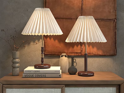 Pleated Table Lamps With Wooden Bases On Cabinet Featuring Vogue Books Decor And Leather Wall 3d model
