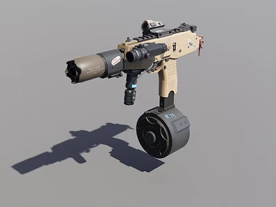 Modern Tactical Weapon With Drum Magazine Suppressor And Tan Black Finish 3d model