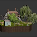 Charming Wooden Cabin with Weeping Willows Lush Lawn Stone Pathway and Small Shed