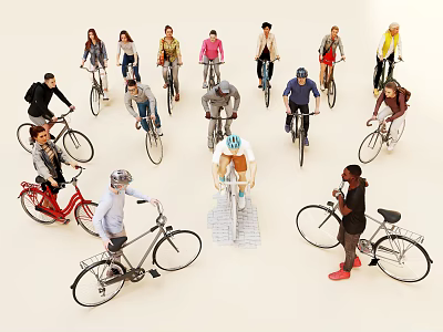 Group of Diverse People Riding Bicycles in Various Styles and Casual Poses 3d model