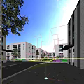 Modern Industrial Park Campus with Modern Buildings Lush Greenery Plaza Space Pedestrians and Vehicles