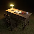 Wooden Desk And Chair with Table Lamp White Cup Books Notebook in Grass At Night