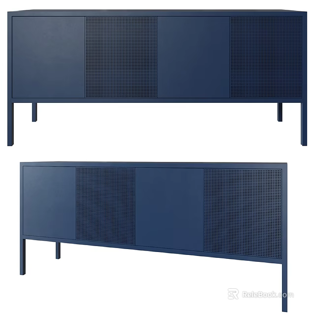Modern Console Cabinet And Sideboard With Blue Finish Grid Panels And Metal Legs For Entryway 3d model 