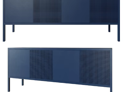 Modern Console Cabinet And Sideboard With Blue Finish Grid Panels And Metal Legs For Entryway 3d model