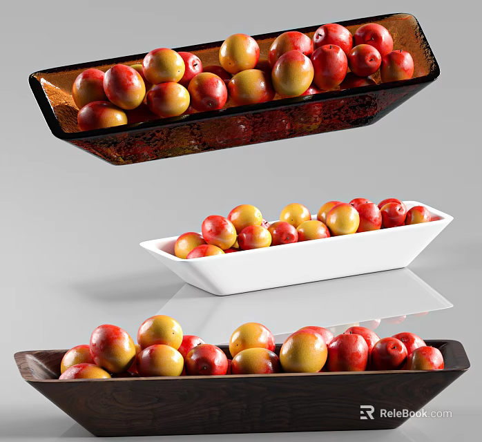 Dark and White Rectangular Ceramic Dishes Filled with Red and Yellow Fruits 3d model 