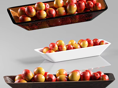 Dark and White Rectangular Ceramic Dishes Filled with Red and Yellow Fruits 3d model