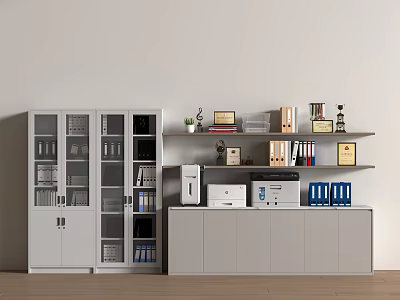 Modern Office Storage With White Glass Door Cabinets Grey Filing Cabinets Printer Books And Potted Plant 3d model