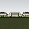 Modern Commercial Street Featuring Glass Facade Multiple Buildings And Open Lawn