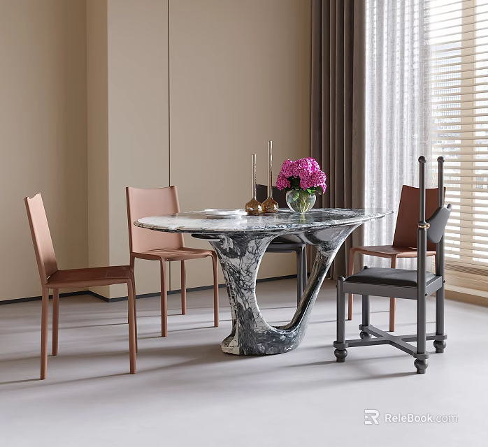 Modern Elegant Marble Dining Table and Chairs with Pink Black Curved Design in Interior 3d model 