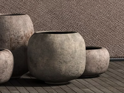 Natural Textured Ceramic Vessels In Various Sizes With Woven Wall And Wooden Floor 3d model
