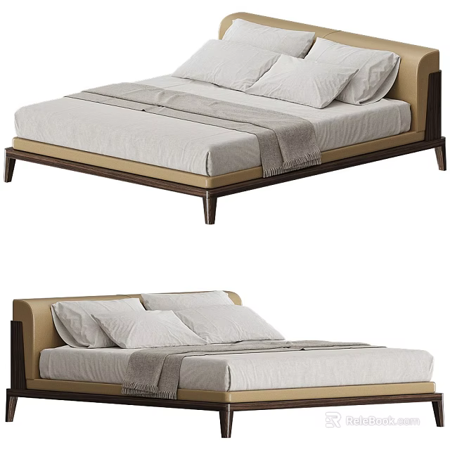 Modern Double Bed Design With Wooden Frame Light Colored Sheets Pillows And Blanket 3d model 
