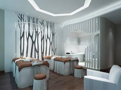 Spa Sauna Interior With Tree Branch Pattern Wall Massage Tables White Sofa And Wooden Floor 3d model