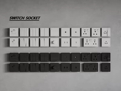 Black And White Switch Sockets Display On Wall 3d model