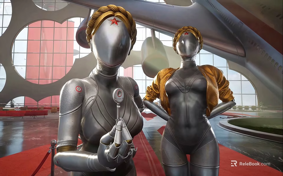 Smart Machines Featuring Silver Metallic Bodies Red Star On Head Holding Spoon And Brown Jacket 3d model 