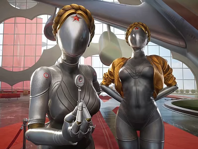 Smart Machines Featuring Silver Metallic Bodies Red Star On Head Holding Spoon And Brown Jacket 3d model