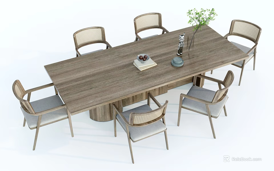 Modern Wooden Dining Table Set With Six Woven Back Chairs And Decorative Plants 3d model 