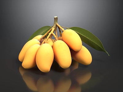Realistic 3D Rendered Ripe Yellow Mango Cluster With Fresh Green Leaves On Glossy Dark Background 3d model