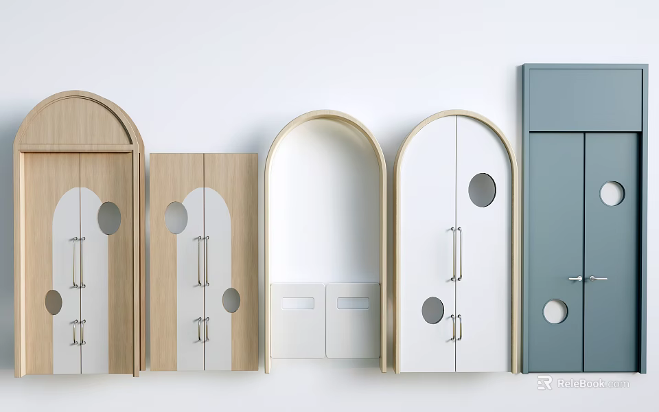 Modern Double Doors With Round Decorative Cutouts And Multiple Color Finishes 3d model 