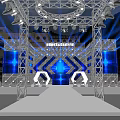 Modern Stage Platform Design With Blue Lighting Metal Frame LED Screens And Hexagons