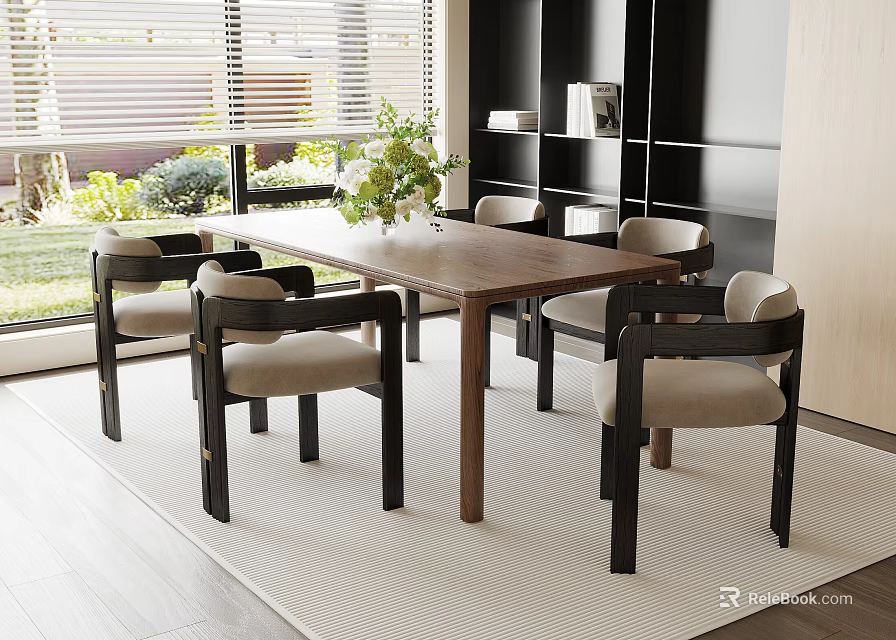 Modern Interior With Wooden Dining Table And Comfortable Chairs Green Plant Window Garden View Bookshelf 3d model 