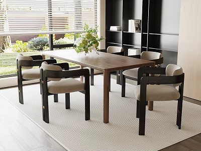 Modern Interior With Wooden Dining Table And Comfortable Chairs Green Plant Window Garden View Bookshelf 3d model