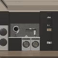 Modern Laundry Room With Stackable And Side By Side Washers Dark Cabinets Textured Backsplash