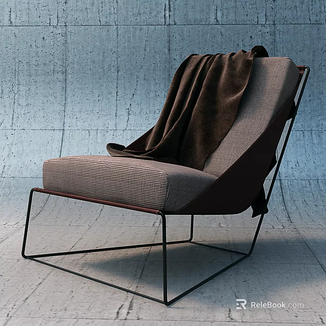 Modern Leisure Chair with Woven Fabric Black Metal Frame and Brown Blanket Against Concrete Wall 3d model 