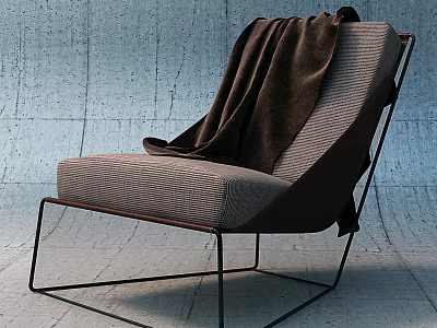 Modern Leisure Chair with Woven Fabric Black Metal Frame and Brown Blanket Against Concrete Wall 3d model