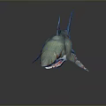 Mutant Shark 3D Model With Green Body Red Teeth And Claws On Gray Background