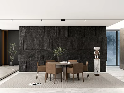 Modern Restaurant Interior with Black Stone Wall Round Dining Table Brown Chairs and Green Plants 3d model