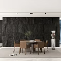 Modern Restaurant Interior with Black Stone Wall Round Dining Table Brown Chairs and Green Plants