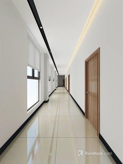 Modern Office Corridor Interior Design With White Walls Tiled Floor And Wooden Doors 3d model 