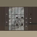 Modern Wooden Tea Cabinet with Marble Backdrop Layered Shelves and Tea Sets