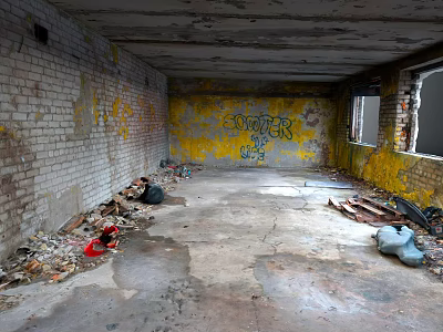 Abandoned Room Featuring Brick Walls Yellow Graffiti Broken Windows Damaged Ceiling And Floor Debris 3d model