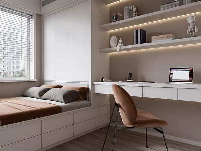 Modern Tatami Bedroom With White Cabinets LED Shelves Desk Brown Chair Laptop And Window Blinds 3d model