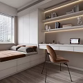 Modern Tatami Bedroom With White Cabinets LED Shelves Desk Brown Chair Laptop And Window Blinds