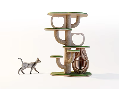 Tree Shaped Cat Tree With Multiple Green Platforms Different Levels And Cat Nearby 3d model