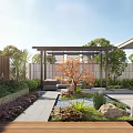 Sunlit Courtyard Garden With Wooden Deck Pond Seating Area Gazebo And Lush Plants
