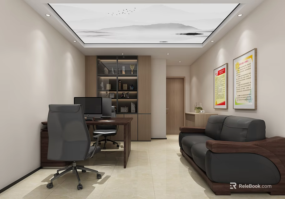 Modern Office Interior With Desk Computer Chair Sofa Bookshelf And Wall Posters 3d model